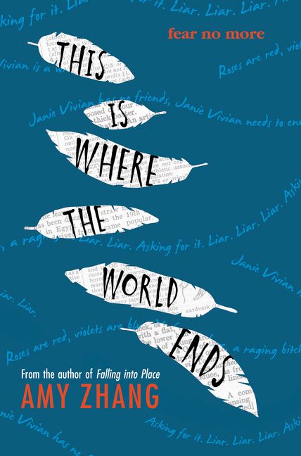 This Is Where The World Ends — feathers float down surrounded by sparse lines of text