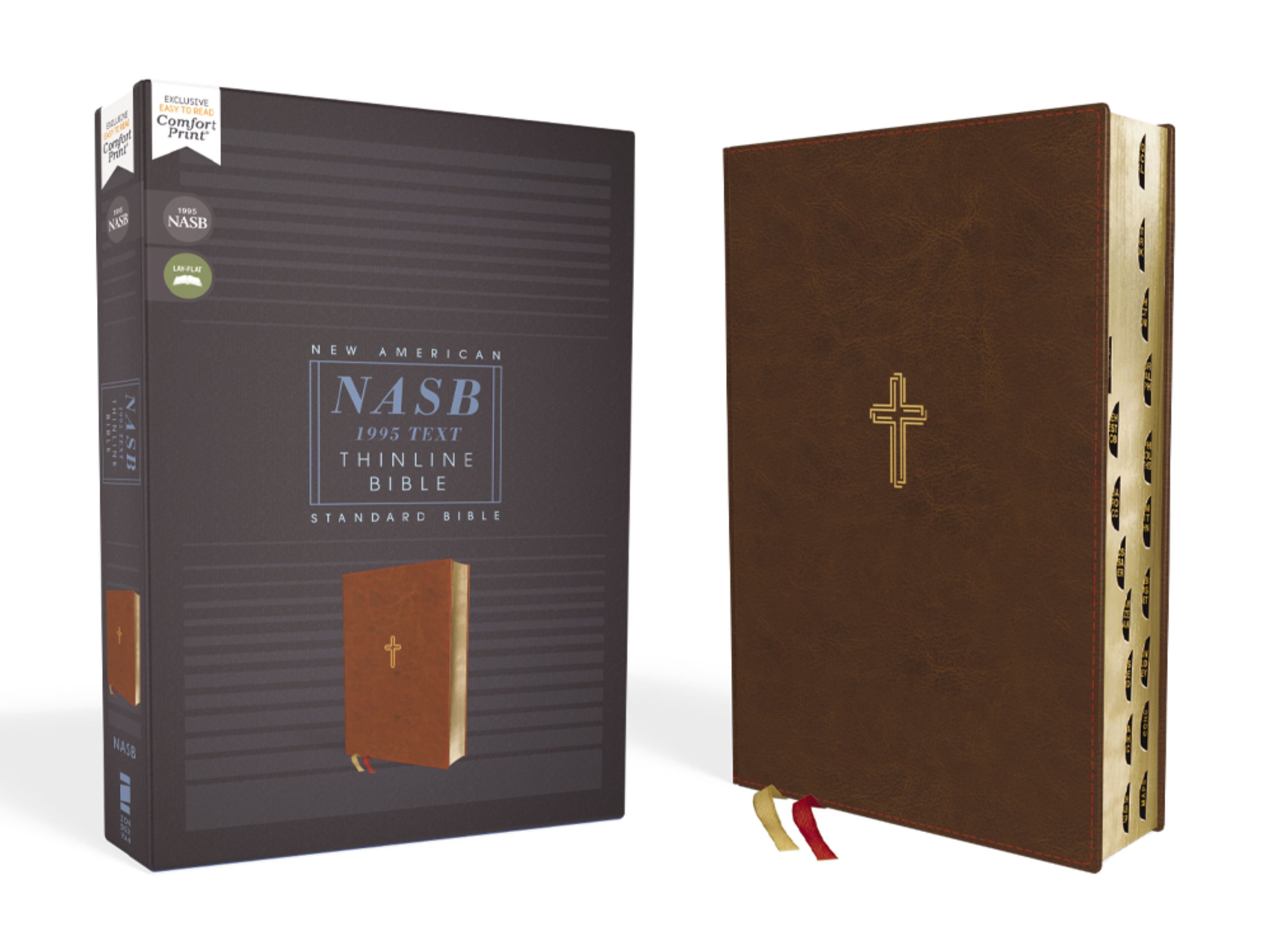 NASB, Thinline Bible, Leathersoft, Brown, Red Letter, 1995 Text, Thumb Indexed, Comfort Print, Hardback,